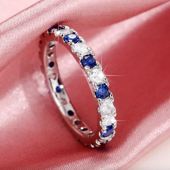 NEW 925 Sterling Silver Sapphire Diamond Ring Thin Ring Band - Picture 4 of 7